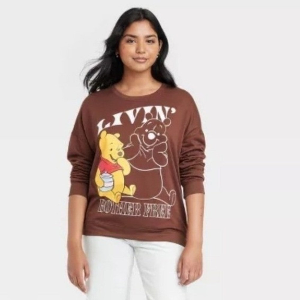 Disney Winnie the Pooh Livin Bother‎ Free Sweatshirt Brown Crewneck Pullover S